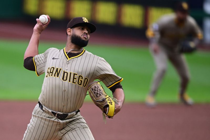 May 3, 2025; Pittsburgh, Pennsylvania, USA; San Diego Padres starting pitcher Randy Vasquez (98) throws a pitch during he first inning against the Pittsburgh Pirates at PNC Park. Mandatory Credit: David Dermer-Imagn Images