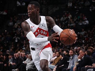 BROOKLYN, NY - NOVEMBER 28: Dennis Schroder #17 of the Toronto Raptors dribbles the ball during the game against the Brooklyn Nets during the In-Season Tournament on November 28, 2023 at Barclays Center in Brooklyn, New York. NOTE TO USER: User expressly acknowledges and agrees that, by downloading and or using this Photograph, user is consenting to the terms and conditions of the Getty Images License Agreement. Mandatory Copyright Notice: Copyright 2023 NBAE (Photo by Nathaniel S. Butler/NBAE via Getty Images)