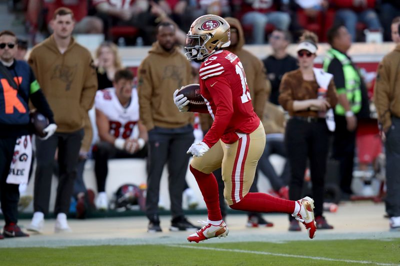 San Francisco 49ers wide receiver Deebo Samuel (19) runs during an NFL football game against the Tampa Bay Buccaneers, Sunday, Nov. 19, 2023, in Santa Clara, Calif. (AP Photo/Scot Tucker)