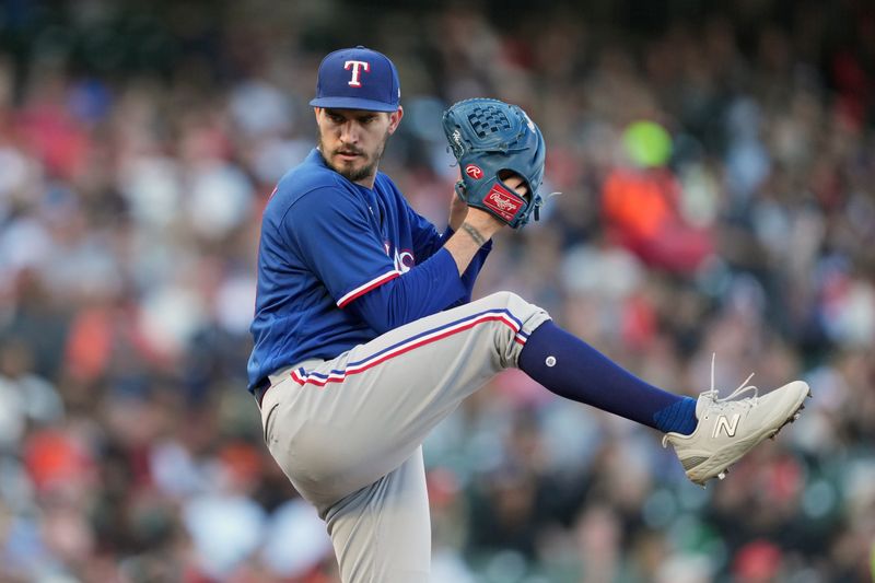 Aug 12, 2023; San Francisco, California, USA; Texas Rangers starting pitcher Andrew Heaney (44) throws a pitch against the San Francisco Giants during the first inning at Oracle Park. Mandatory Credit: Darren Yamashita-USA TODAY Sports