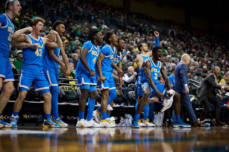 Feb 11, 2023; Eugene, Oregon, USA; The UCLA Bruins bench erupts during the second half against the Oregon Ducks at Matthew Knight Arena. Mandatory Credit: Troy Wayrynen-USA TODAY Sports