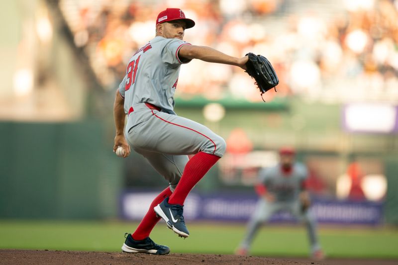 Jun 14, 2024; San Francisco, California, USA; Los Angeles Angels starting pitcher Tyler Anderson (31) delivers a pitch against the San Francisco Giants during the first inning at Oracle Park. Mandatory Credit: D. Ross Cameron-USA TODAY Sports