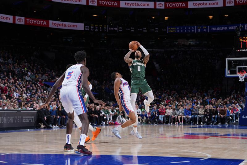 PHILADELPHIA, PA - FEBRUARY 25: Damian Lillard #0 of the Milwaukee Bucks shoots a three point basket against the Philadelphia 76ers on February 25, 2024 at the Wells Fargo Center in Philadelphia, Pennsylvania NOTE TO USER: User expressly acknowledges and agrees that, by downloading and/or using this Photograph, user is consenting to the terms and conditions of the Getty Images License Agreement. Mandatory Copyright Notice: Copyright 2024 NBAE (Photo by Jesse D. Garrabrant/NBAE via Getty Images)