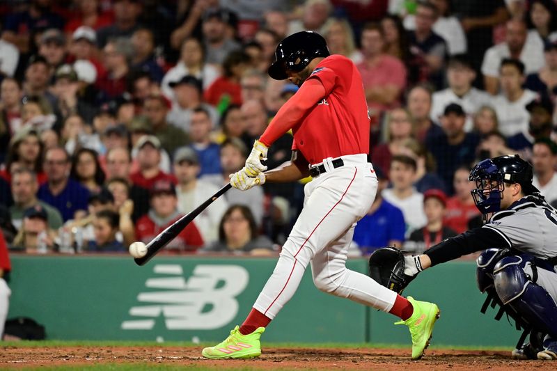 Sep 14, 2023; Boston, Massachusetts, USA; Boston Red Sox second baseman Pablo Reyes (19) bats against the New York Yankees during the fourth inning at Fenway Park. Mandatory Credit: Eric Canha-USA TODAY Sports