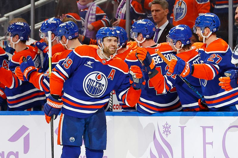 Nov 23, 2024; Edmonton, Alberta, CAN; Edmonton Oilers forward Leon Draisaitl (29) celebrates after scoring a goal during the second period against the New York Rangers at Rogers Place. Mandatory Credit: Perry Nelson-Imagn Images