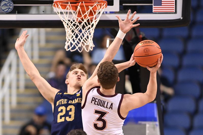 Mar 7, 2023; Greensboro, NC, USA; Virginia Tech Hokies guard Sean Pedulla (3) looks to shoot as Notre Dame Fighting Irish guard Dane Goodwin (23) defends in the first half at Greensboro Coliseum. Mandatory Credit: Bob Donnan-USA TODAY Sports