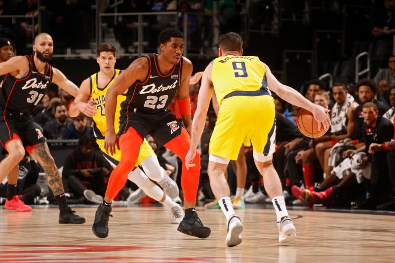 DETROIT, MI - MARCH 20: Jaden Ivey #23 of the Detroit Pistons dribbles the ball during the game against the Indiana Pacers on March 20, 2024 at Little Caesars Arena in Detroit, Michigan. NOTE TO USER: User expressly acknowledges and agrees that, by downloading and/or using this photograph, User is consenting to the terms and conditions of the Getty Images License Agreement. Mandatory Copyright Notice: Copyright 2024 NBAE (Photo by Brian Sevald/NBAE via Getty Images)