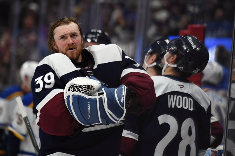 Jan 31, 2025; Denver, Colorado, USA; Colorado Avalanche goaltender Mackenzie Blackwood (39) during a stoppage in play during the second period against the St. Louis Blues at Ball Arena. Mandatory Credit: Christopher Hanewinckel-Imagn Images