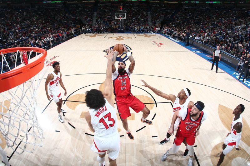 NEW ORLEANS, LA - FEBRUARY 5: Brandon Ingram #14 of the New Orleans Pelicans shoots the ball during the game against the Toronto Raptors on February 5, 2024 at the Smoothie King Center in New Orleans, Louisiana. NOTE TO USER: User expressly acknowledges and agrees that, by downloading and or using this Photograph, user is consenting to the terms and conditions of the Getty Images License Agreement. Mandatory Copyright Notice: Copyright 2024 NBAE (Photo by Layne Murdoch Jr./NBAE via Getty Images)