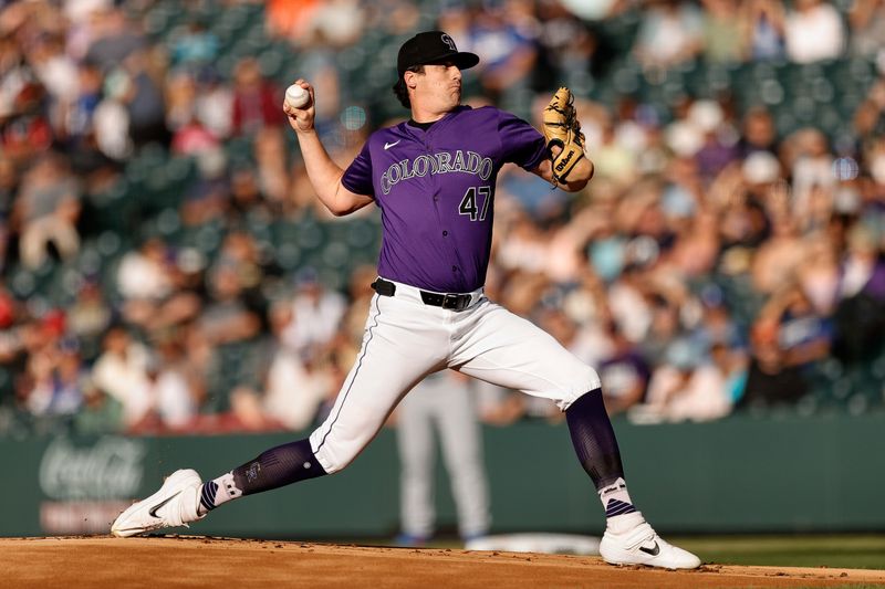 Jun 17, 2024; Denver, Colorado, USA; Colorado Rockies starting pitcher Cal Quantrill (47) pitches in the first inning against the Los Angeles Dodgers at Coors Field. Mandatory Credit: Isaiah J. Downing-USA TODAY Sports