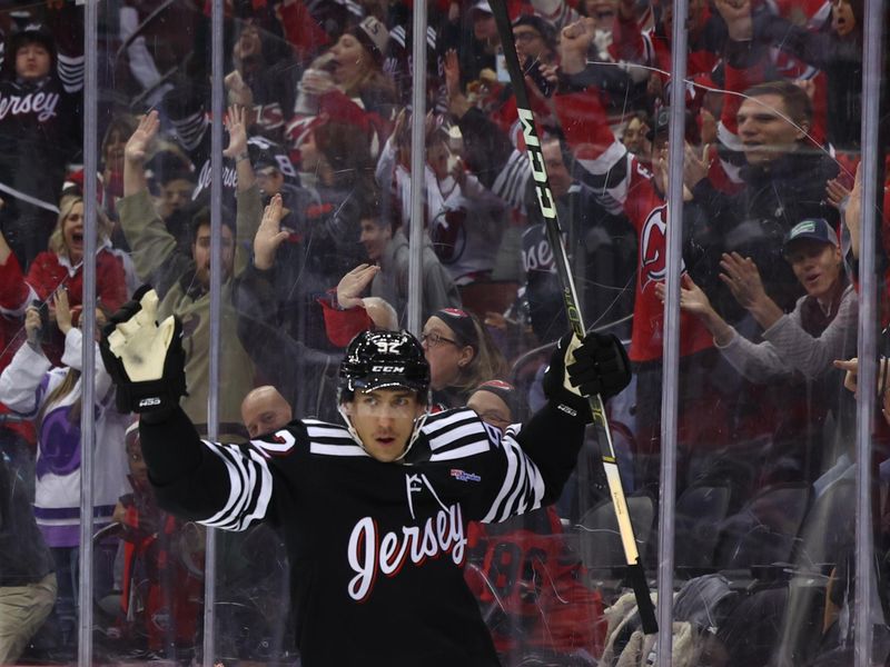 Mar 23, 2024; Newark, New Jersey, USA; New Jersey Devils left wing Tomas Nosek (92) celebrates his goal against the Ottawa Senators during the second period at Prudential Center. Mandatory Credit: Ed Mulholland-USA TODAY Sports