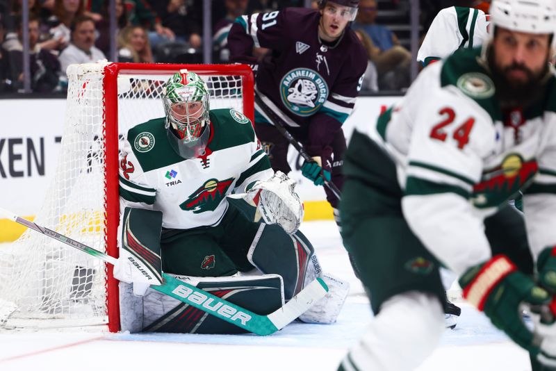 Mar 19, 2024; Anaheim, California, USA; Minnesota Wild goaltender Filip Gustavsson (32) looks on during the second period of a game against the Anaheim Ducks at Honda Center. Mandatory Credit: Jessica Alcheh-USA TODAY Sports