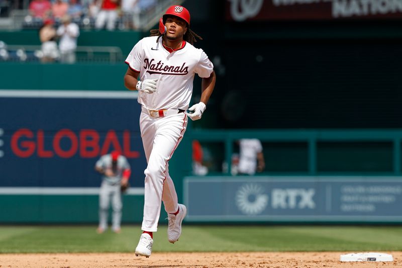 Jul 21, 2024; Washington, District of Columbia, USA; Washington Nationals outfielder James Wood (29) rounds the bases after hitting a go ahead three run home run against the Cincinnati Reds during the eighth inning at Nationals Park. Mandatory Credit: Geoff Burke-USA TODAY Sports