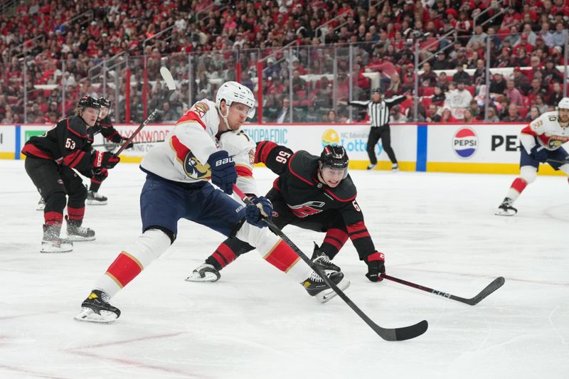 May 20, 2025; Raleigh, North Carolina, USA;  Florida Panthers defenseman Dmitry Kulikov (7) reaches for the puck against Carolina Hurricanes defenseman Scott Morrow (56) during the second period  in game one of the Eastern Conference Final of the 2025 Stanley Cup Playoffs at Lenovo Center. Mandatory Credit: James Guillory-Imagn Images