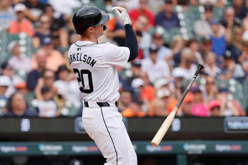 Aug 29, 2024; Detroit, Michigan, USA;  Detroit Tigers first base Spencer Torkelson (20) reacts after striking out in the eighth inning against the Los Angeles Angels at Comerica Park. Mandatory Credit: Rick Osentoski-USA TODAY Sports