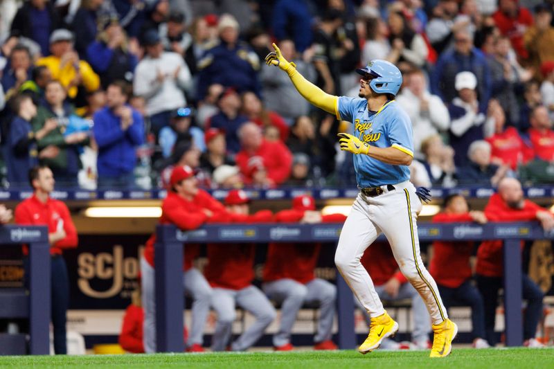 Apr 7, 2023; Milwaukee, Wisconsin, USA;  Milwaukee Brewers shortstop Willy Adames (27) celebrates after hitting a home run during the seventh inning against the St. Louis Cardinals at American Family Field. Mandatory Credit: Jeff Hanisch-USA TODAY Sports