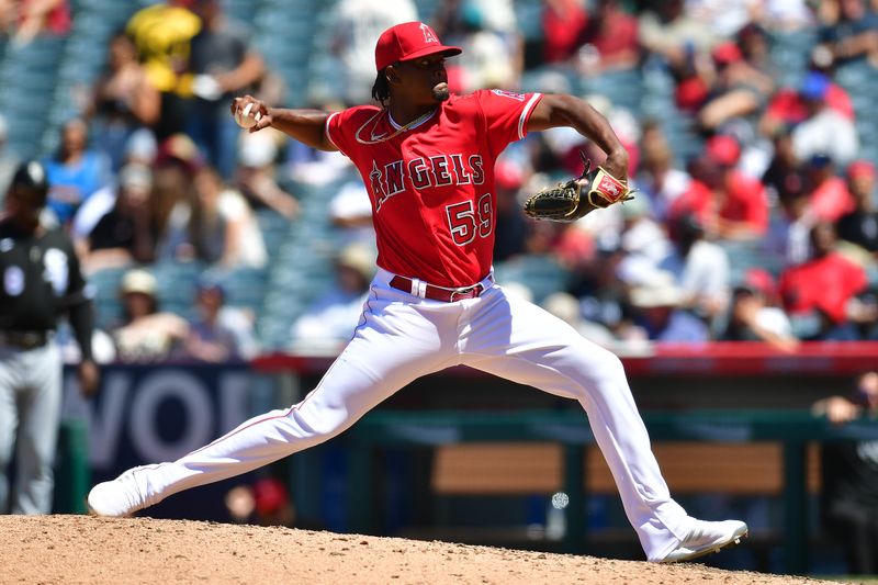 Jun 29, 2023; Anaheim, California, USA; Los Angeles Angels relief pitcher Jose Soriano (59) throws against the Chicago White Sox during the sixth inning at Angel Stadium. Mandatory Credit: Gary A. Vasquez-USA TODAY Sports