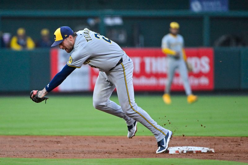 Aug 21, 2024; St. Louis, Missouri, USA;  Milwaukee Brewers second baseman Brice Turang (2) forces out St. Louis Cardinals third baseman Nolan Arenado (not pictured) during the second inning at Busch Stadium. Mandatory Credit: Jeff Curry-USA TODAY Sports