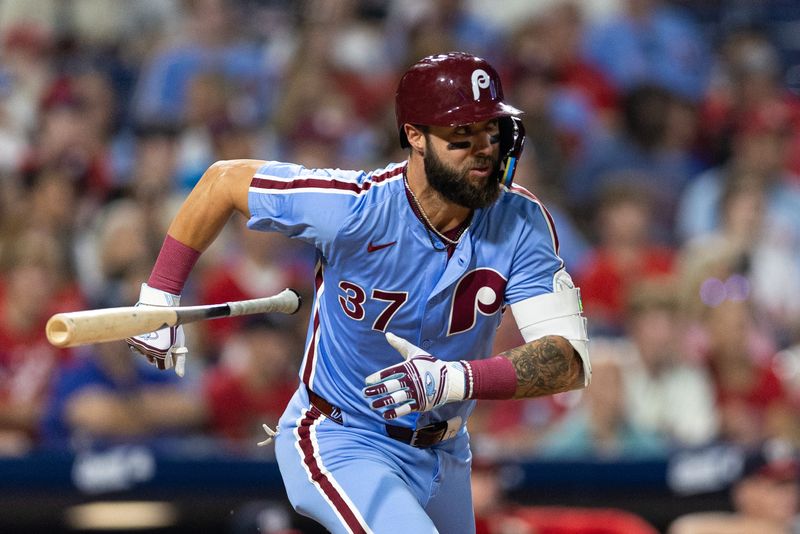 Aug 15, 2024; Philadelphia, Pennsylvania, USA; Philadelphia Phillies outfielder Weston Wilson (37) hits a double during the eighth inning to complete the cycle against the Washington Nationals at Citizens Bank Park. Mandatory Credit: Bill Streicher-USA TODAY Sports