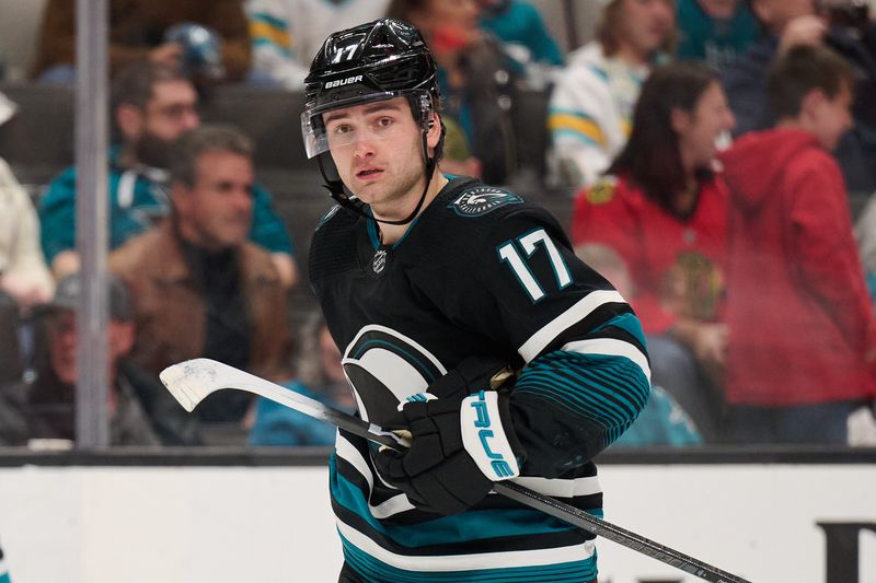 Mar 23, 2024; San Jose, California, USA; San Jose Sharks center Thomas Bordeleau (17) during a stoppage of play against the Chicago Blackhawks during the first period at SAP Center at San Jose. Mandatory Credit: Robert Edwards-USA TODAY Sports