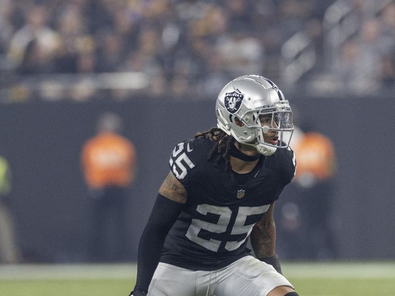 Las Vegas Raiders safety Tre'von Moehrig (25) against the Pittsburgh Steelers in an NFL football game, Sunday, Sept. 24, 2023, in Las Vegas, NV. Steelers won 23-18. (AP Photo/Jeff Lewis)