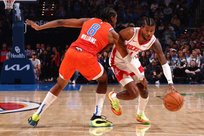 OKLAHOMA CITY, OK - NOVEMBER 8: Jalen Green #4 of the Houston Rockets drives to the basket during the game against the Oklahoma City Thunder on November 8, 2024 at Paycom Center in Oklahoma City, Oklahoma. NOTE TO USER: User expressly acknowledges and agrees that, by downloading and or using this photograph, User is consenting to the terms and conditions of the Getty Images License Agreement. Mandatory Copyright Notice: Copyright 2024 NBAE (Photo by Zach Beeker/NBAE via Getty Images)