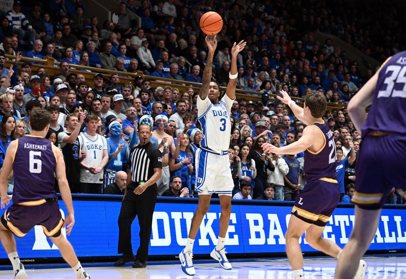 Dec 16, 2025; Durham, North Carolina, USA;  Duke Blue Devils forward Isaiah Evans (3) shoots a three point shot during the second half agains the Lipscomb Bisons at Cameron Indoor Stadium. The Blue Devils won 97-73.  Mandatory Credit: Rob Kinnan-Imagn Images