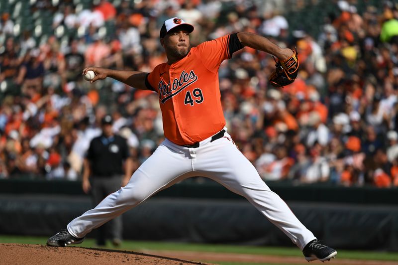 Aug 24, 2024; Baltimore, Maryland, USA; Baltimore Orioles starting pitcher Albert Suarez (49) delivers a second inning pitch against the Houston Astros  at Oriole Park at Camden Yards. Mandatory Credit: Tommy Gilligan-USA TODAY Sports