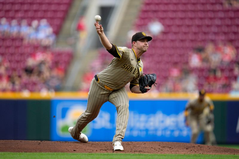 May 22, 2024; Cincinnati, Ohio, USA; San Diego Padres Michael King pitches against the Cincinnati Reds in the 1st inning at Great American Ball Park in Cincinnati.  Mandatory Credit: Cara Owsley-USA TODAY Sports