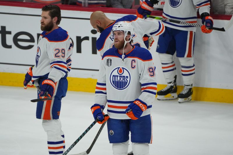 Jun 18, 2024; Sunrise, Florida, USA;   Edmonton Oilers forward Connor McDavid (97) warms up prior to the game against the Florida Panthers in game five of the 2024 Stanley Cup Final at Amerant Bank Arena. Mandatory Credit: Jim Rassol-USA TODAY Sports