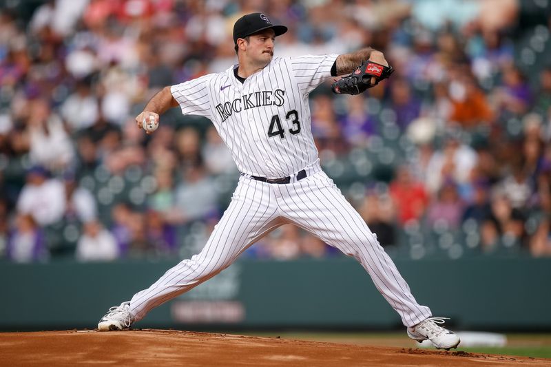 May 26, 2023; Denver, Colorado, USA; Colorado Rockies starting pitcher Connor Seabold (43) pitches in the first inning against the New York Mets at Coors Field. Mandatory Credit: Isaiah J. Downing-USA TODAY Sports