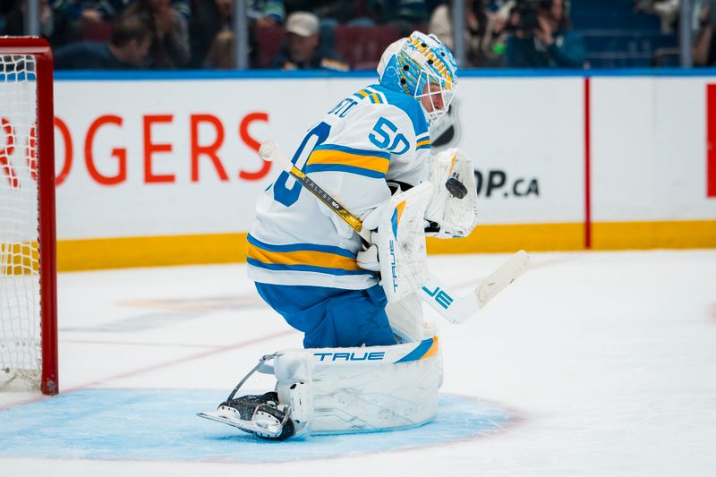 Oct 13, 2025; Vancouver, British Columbia, CAN; St. Louis Blues goalie Jordan Binnington (50) makes a save against the Vancouver Canucks in the second period at Rogers Arena. Mandatory Credit: Bob Frid-Imagn Images
