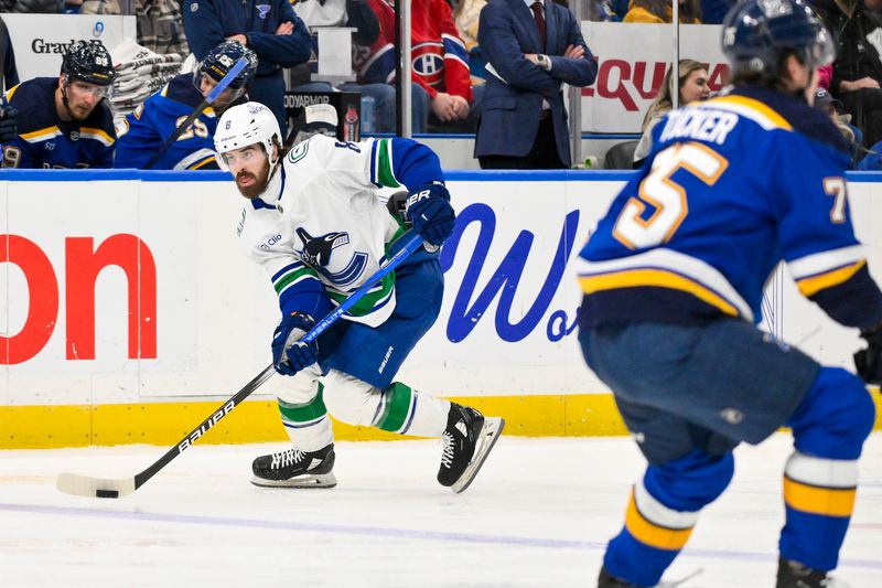 Jan 27, 2025; St. Louis, Missouri, USA;  Vancouver Canucks right wing Conor Garland (8) controls the puck against the St. Louis Blues during the third period at Enterprise Center. Mandatory Credit: Jeff Curry-Imagn Images