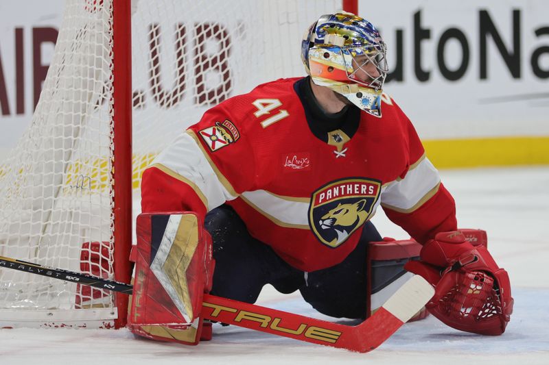 Feb 29, 2024; Sunrise, Florida, USA; Florida Panthers goaltender Anthony Stolarz (41) defends his net against the Montreal Canadiens during the first period at Amerant Bank Arena. Mandatory Credit: Sam Navarro-USA TODAY Sports