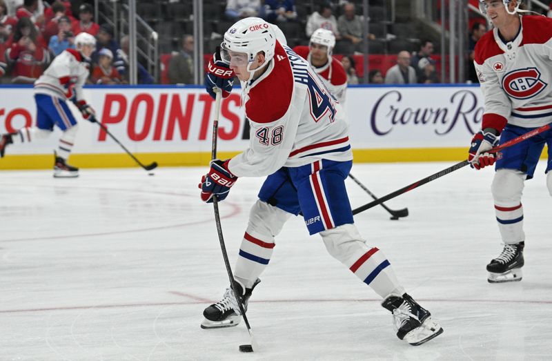 Sep 26, 2024; Toronto, Ontario, CAN;  Montreal Canadiens forward Lane Hutson (48) warms up before playing the Toronto Maple Leafs at Scotiabank Arena. Mandatory Credit: Dan Hamilton-Imagn Images