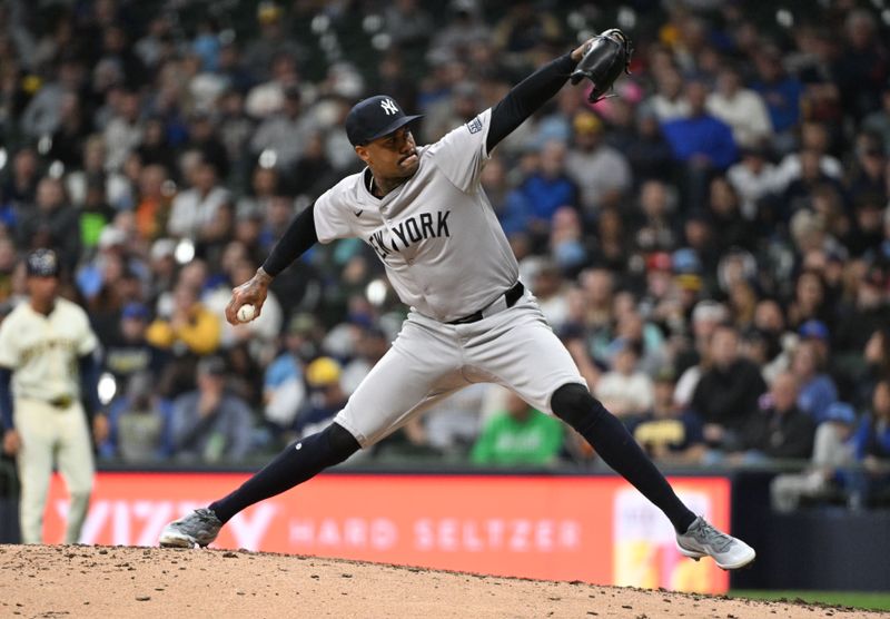 Apr 26, 2024; Milwaukee, Wisconsin, USA; New York Yankees pitcher Dennis Santana (53) delivers a pitch against the Milwaukee Brewers in the seventh inning at American Family Field. Mandatory Credit: Michael McLoone-USA TODAY Sports