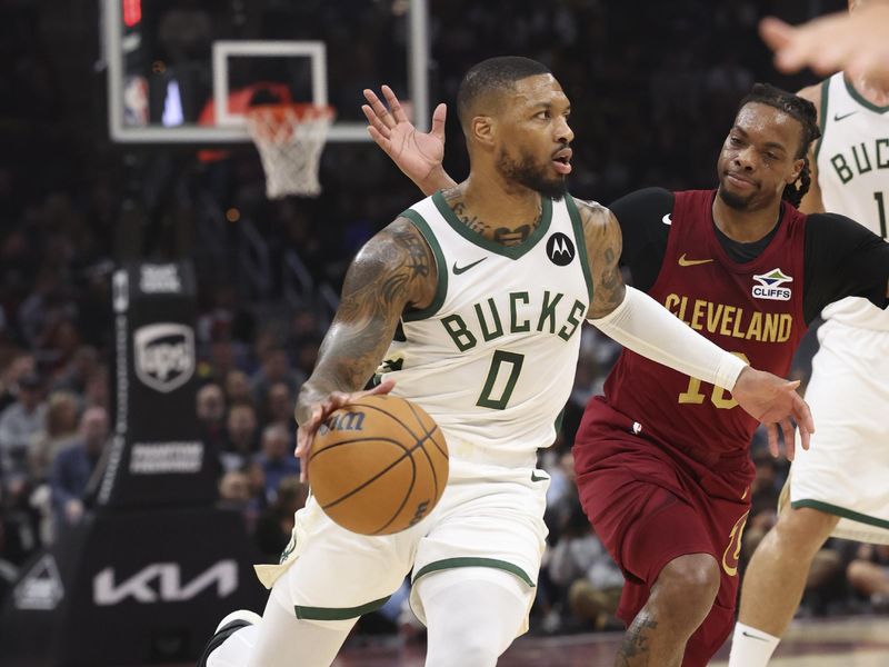 CLEVELAND, OH - NOVEMBER 4:  Damian Lillard #0 of the Milwaukee Bucks drives to the basket during the game against the Cleveland Cavaliers on November 4, 2024 at Rocket Mortgage FieldHouse in Cleveland, Ohio. NOTE TO USER: User expressly acknowledges and agrees that, by downloading and/or using this Photograph, user is consenting to the terms and conditions of the Getty Images License Agreement. Mandatory Copyright Notice: Copyright 2024 NBAE (Photo by  Lauren Leigh Bacho/NBAE via Getty Images)