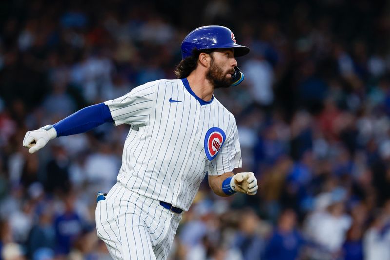 Sep 2, 2024; Chicago, Illinois, USA; Chicago Cubs shortstop Dansby Swanson (7) rounds the bases after hitting a solo home run against the Pittsburgh Pirates during the third inning at Wrigley Field. Mandatory Credit: Kamil Krzaczynski-USA TODAY Sports