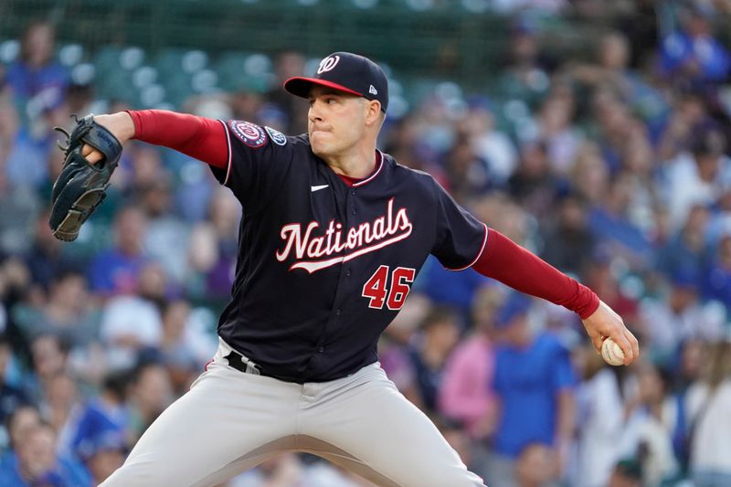 Jul 18, 2023; Chicago, Illinois, USA; Washington Nationals starting pitcher Patrick Corbin (46) throws the ball against the Chicago Cubs during the first inning at Wrigley Field. Mandatory Credit: David Banks-USA TODAY Sports