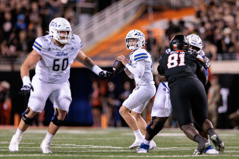 Sep 19, 2025; Stillwater, Oklahoma, USA; Tulsa Golden Hurricane quarterback Baylor Hayes (10) looks to pass during the first half against the Oklahoma State Cowboys at Boone Pickens Stadium. Mandatory Credit: William Purnell-Imagn Images