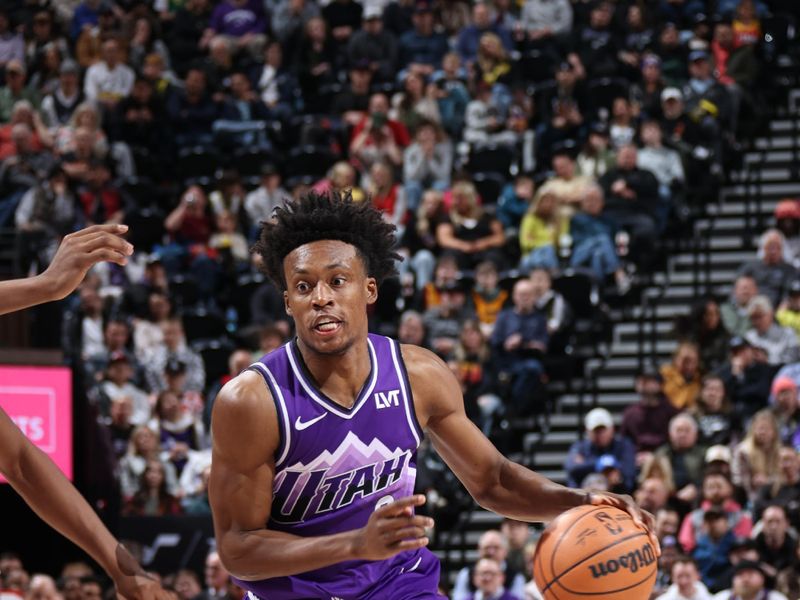 SALT LAKE CITY, UT - MARCH 4:  Colin Sexton #2 of the Utah Jazz handles the ball during the game against the Washington Wizards on March 4, 2024 at vivint.SmartHome Arena in Salt Lake City, Utah. NOTE TO USER: User expressly acknowledges and agrees that, by downloading and or using this Photograph, User is consenting to the terms and conditions of the Getty Images License Agreement. Mandatory Copyright Notice: Copyright 2024 NBAE (Photo by Melissa Majchrzak/NBAE via Getty Images)