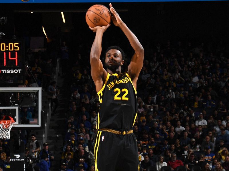 SAN FRANCISCO, CA - MARCH 22: Andrew Wiggins #22 of the Golden State Warriors shoots the ball during the game against the Indiana Pacers on March 22, 2024 at Chase Center in San Francisco, California. NOTE TO USER: User expressly acknowledges and agrees that, by downloading and or using this photograph, user is consenting to the terms and conditions of Getty Images License Agreement. Mandatory Copyright Notice: Copyright 2024 NBAE (Photo by Noah Graham/NBAE via Getty Images)