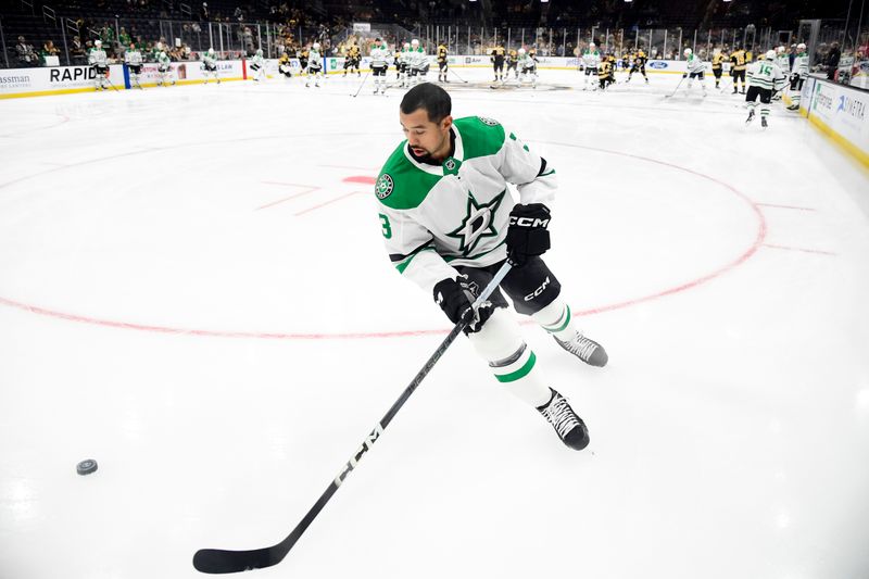 Oct 24, 2024; Boston, Massachusetts, USA;  Dallas Stars defenseman Mathew Dumba (3) handles the puck during warmups prior to a game against the Boston Bruins at TD Garden. Mandatory Credit: Bob DeChiara-Imagn Images