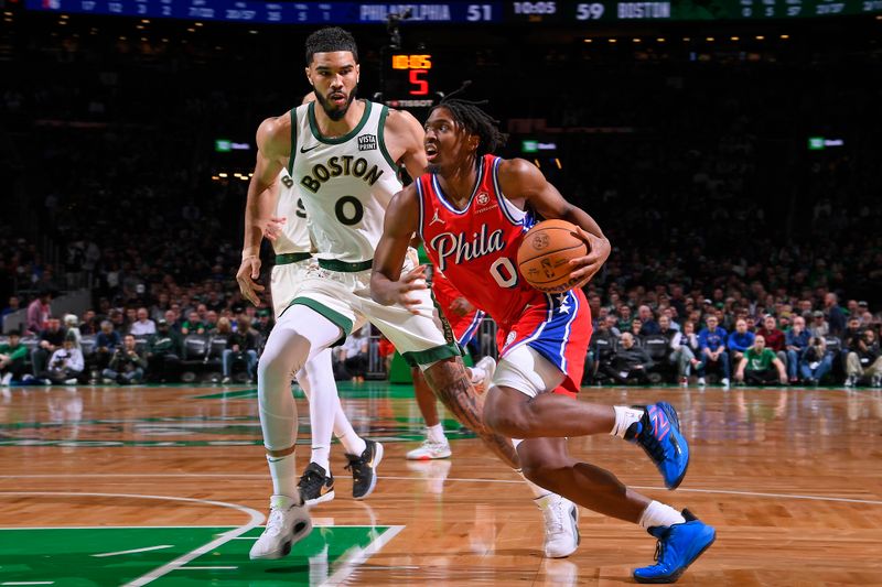 BOSTON, MA - FEBRUARY 27: Tyrese Maxey #0 of the Philadelphia 76ers drives to the basket during the game against the Boston Celtics on February 27, 2024 at the TD Garden in Boston, Massachusetts. NOTE TO USER: User expressly acknowledges and agrees that, by downloading and or using this photograph, User is consenting to the terms and conditions of the Getty Images License Agreement. Mandatory Copyright Notice: Copyright 2024 NBAE  (Photo by Brian Babineau/NBAE via Getty Images)