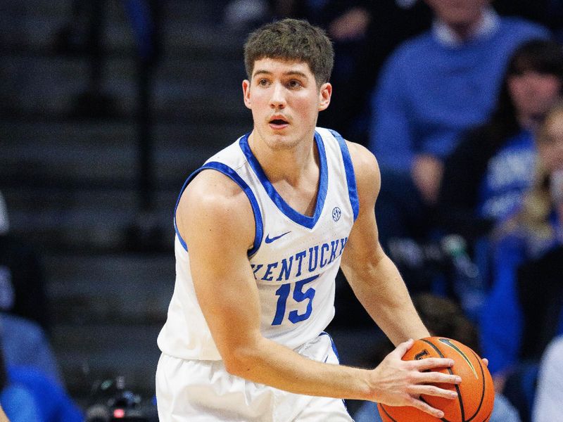 Feb 24, 2024; Lexington, Kentucky, USA; Kentucky Wildcats guard Reed Sheppard (15) handles the ball during the first half against the Alabama Crimson Tide at Rupp Arena at Central Bank Center. Mandatory Credit: Jordan Prather-USA TODAY Sports