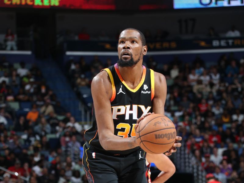 NEW ORLEANS, LA - APRIL 1: Kevin Durant #35 of the Phoenix Suns shoots a free throw during the game against the New Orleans Pelicans on April 1, 2024 at the Smoothie King Center in New Orleans, Louisiana. NOTE TO USER: User expressly acknowledges and agrees that, by downloading and or using this Photograph, user is consenting to the terms and conditions of the Getty Images License Agreement. Mandatory Copyright Notice: Copyright 2024 NBAE (Photo by Layne Murdoch Jr./NBAE via Getty Images)