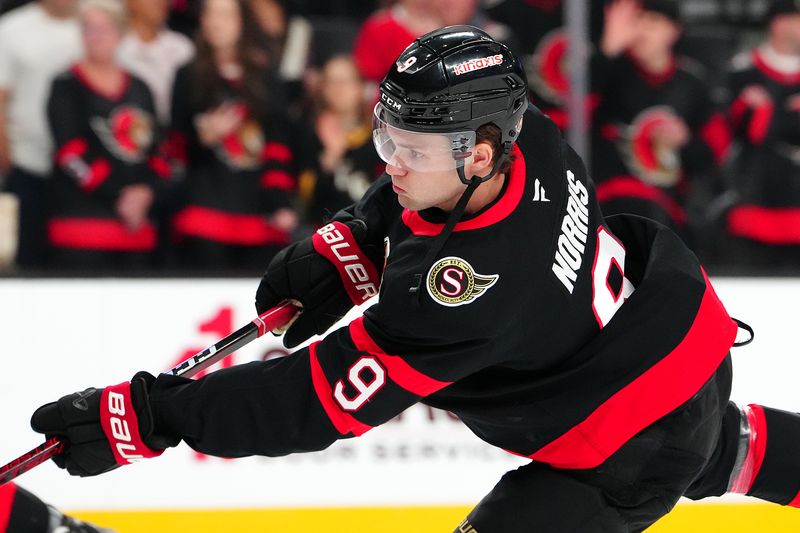 Oct 25, 2024; Las Vegas, Nevada, USA; Ottawa Senators center Josh Norris (9) warms up before a game against the Vegas Golden Knights at T-Mobile Arena. Mandatory Credit: Stephen R. Sylvanie-Imagn Images