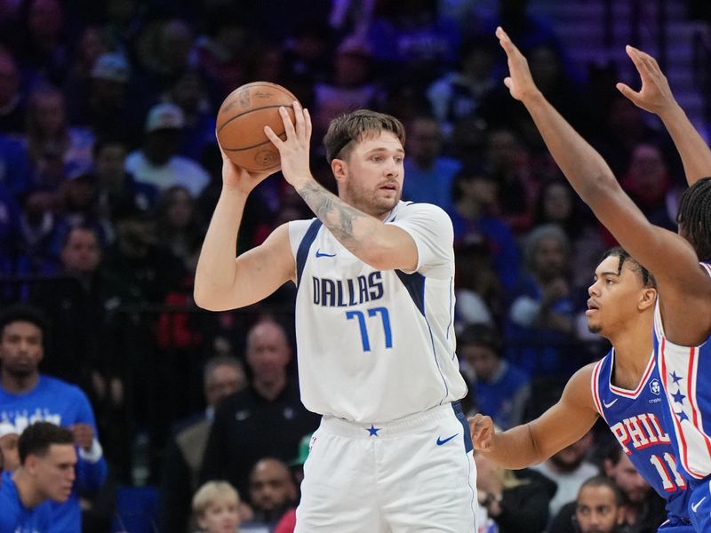 PHILADELPHIA, PA - FEBRUARY 5: Luka Doncic #77 of the Dallas Mavericks looks to pass the ball during the game against the Philadelphia 76ers on February 5, 2024 at the Wells Fargo Center in Philadelphia, Pennsylvania NOTE TO USER: User expressly acknowledges and agrees that, by downloading and/or using this Photograph, user is consenting to the terms and conditions of the Getty Images License Agreement. Mandatory Copyright Notice: Copyright 2024 NBAE (Photo by Jesse D. Garrabrant/NBAE via Getty Images)