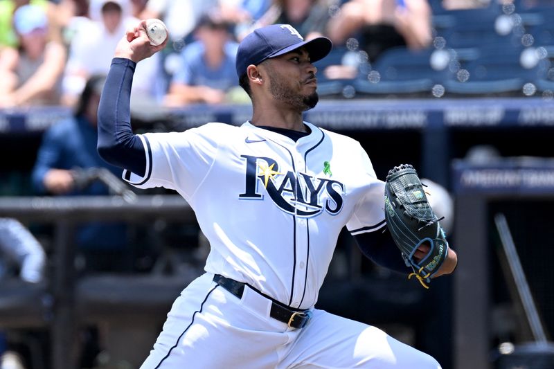 May 21, 2025; St. Petersburg, Florida, USA; Tampa Bay Rays starting pitcher Taj Bradley (45) throws a pitch in the first inning against the Houston Astros at George M. Steinbrenner Field. Mandatory Credit: Jonathan Dyer-Imagn Images