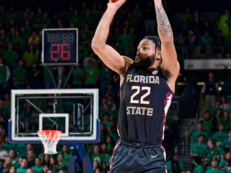 Jan 17, 2023; South Bend, Indiana, USA; Florida State Seminoles guard Darin Green, Jr. (22) shoots in the first half against the Notre Dame Fighting Irish at the Purcell Pavilion. Mandatory Credit: Matt Cashore-USA TODAY Sports